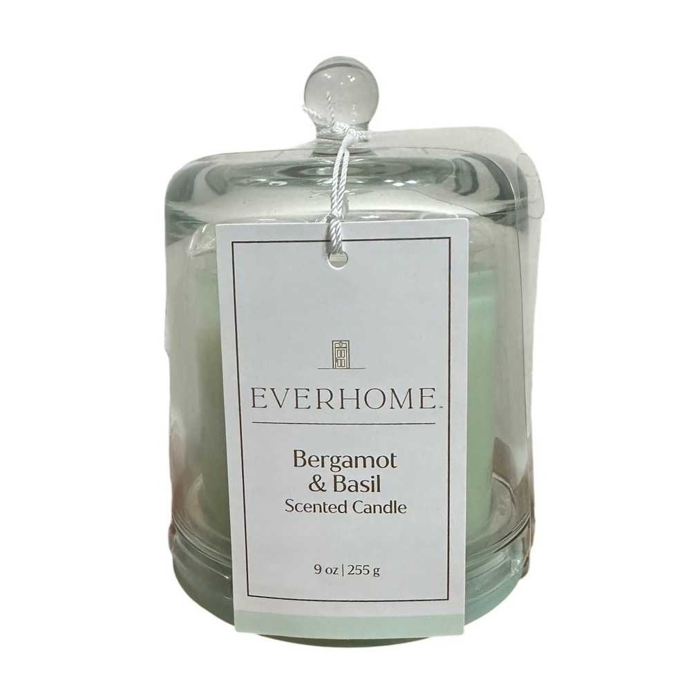 Everhome Bergamot & Basil Scented Candle 9oz with Glass Cloche Mint Green Jar